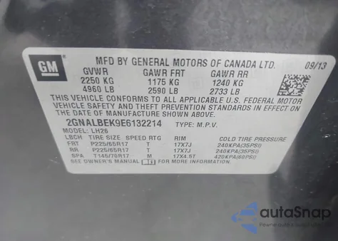 2014 Chevrolet Equinox 1Lt z USA, uszkodzony, nr VIN 2GNALBEK9E6132214